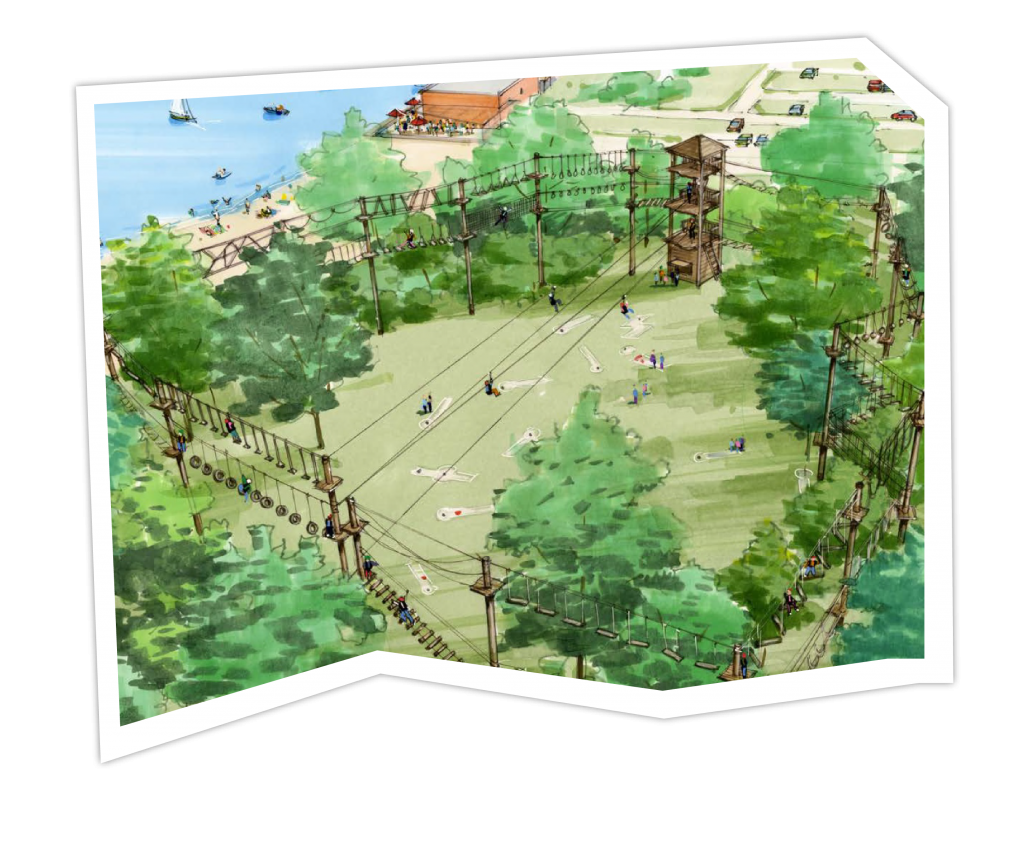 Een schets op papier hoe klimbos Klimpark Streekbos eruit ziet.